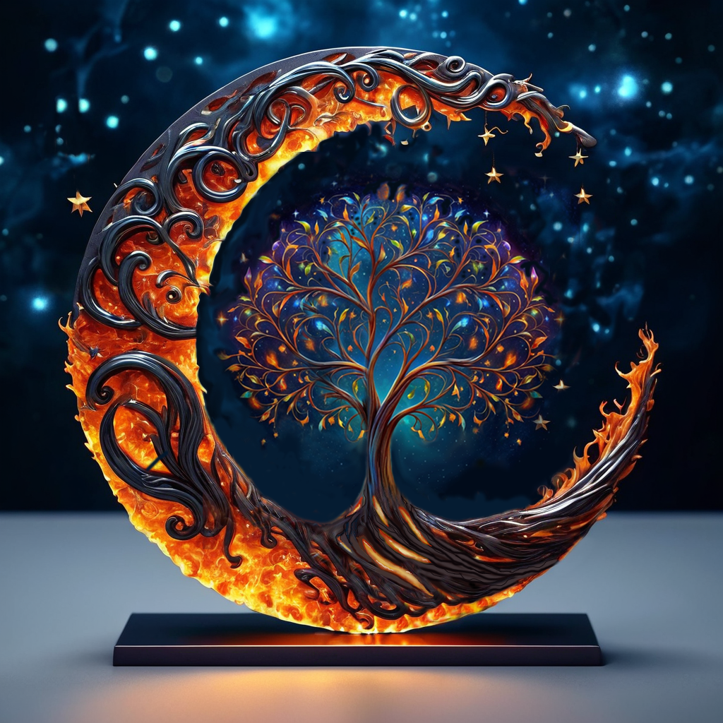 Fiery crescent moon encircling an illuminated tree